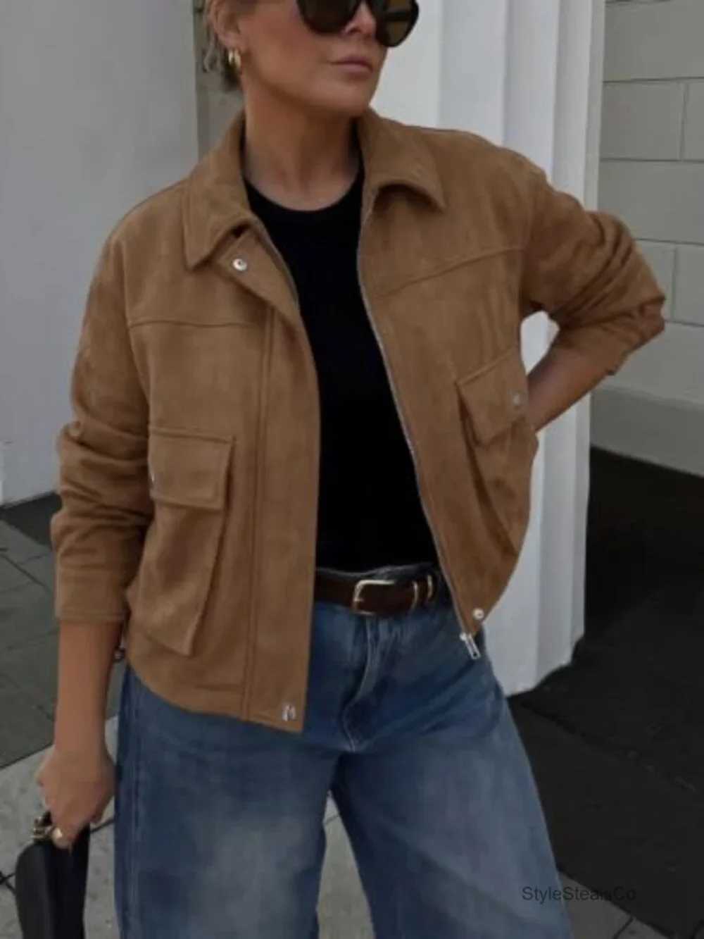 Womens Faux Suede Bomber Jacket Cropped Zip Up Casual